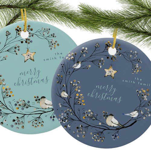 Winter Ice Blue Wreath Christmas  New Year Ceramic Ornament