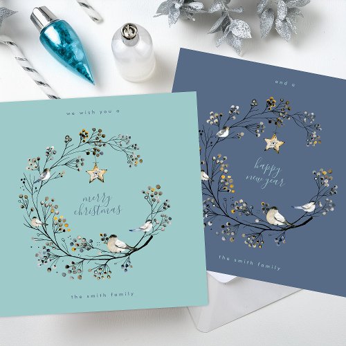 Winter Ice Blue Wreath Christmas  New Year Holiday Card