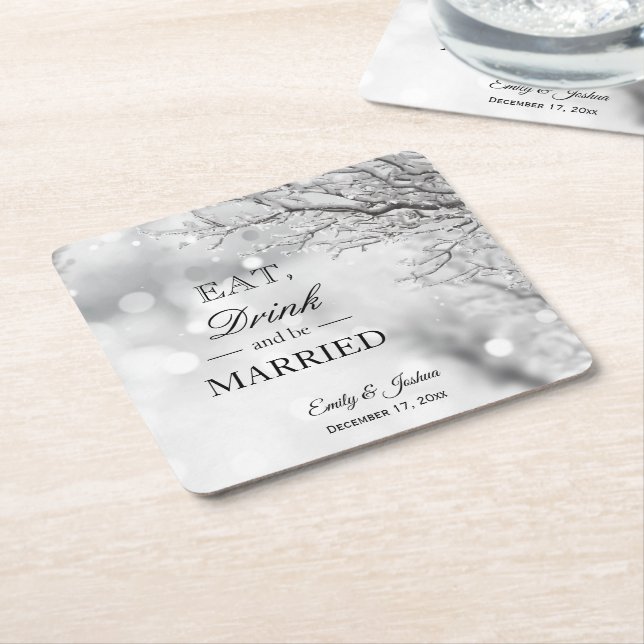 Winter Ice | Eat Drink Be Married Wedding Square Paper Coaster (Angled)
