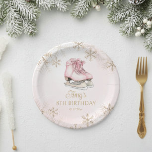 Winter Ice Skating Birthday Gold Glitter Snowflake Paper Plates