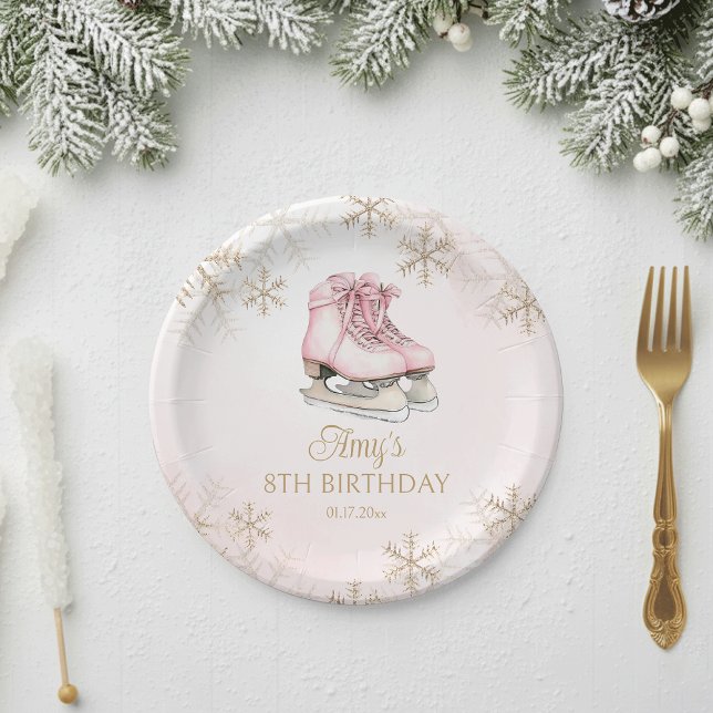 Winter Ice Skating Birthday Gold Glitter Snowflake Paper Plates (Creator Uploaded)