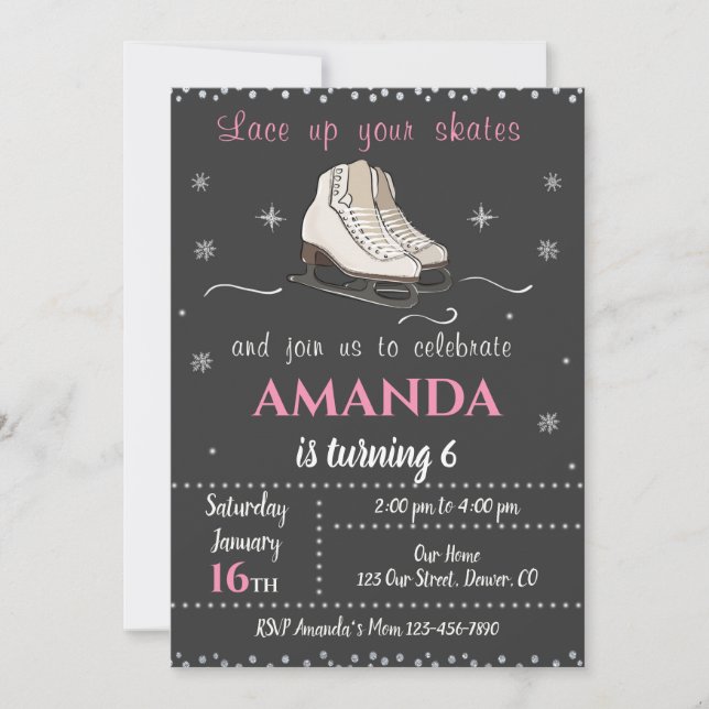 Winter Ice skating birthday invitation Girl invite (Front)