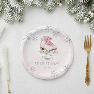 Winter Ice Skating Birthday Pink Silver Snowflakes Paper Plates