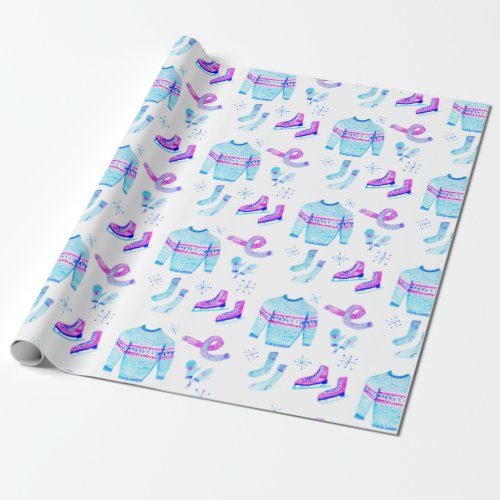 Winter Ice Skating Cozy Watercolor Holiday Gift  Wrapping Paper