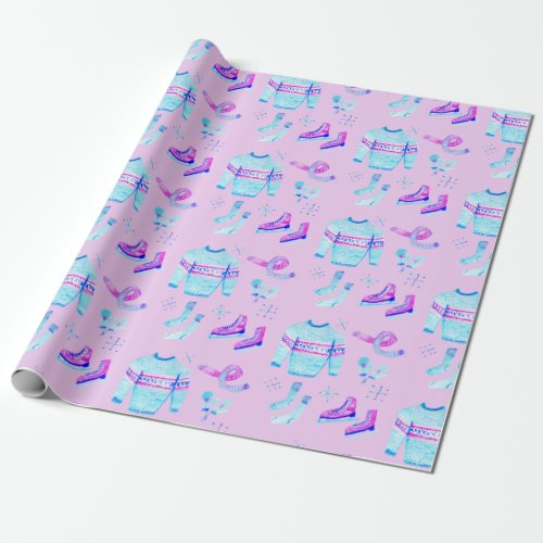 Winter Ice Skating Cozy Watercolor Holiday Gift  Wrapping Paper