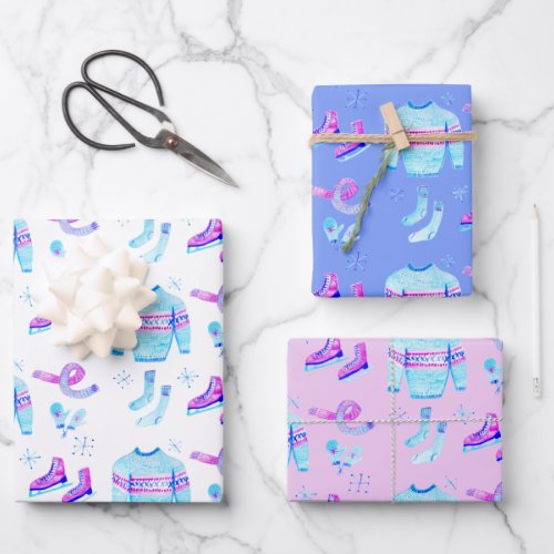 Winter Ice Skating Cozy Watercolor Holiday Gift   Wrapping Paper Sheets