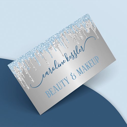 Winter Ice Sky Blue Silver Glitter Sparkles Drip Business Card