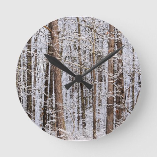 Winter Ice Storm in the Forest Round Clock