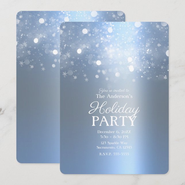 Winter Icy Blue Silver Sparkling Lights Holiday Invitation (Front/Back)