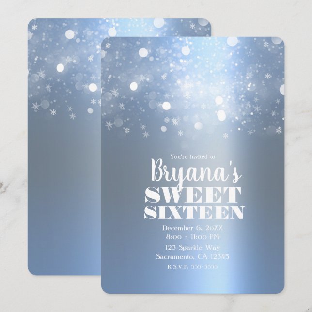 Winter Icy Blue Silver Sparkling Lights Sweet 16 Invitation (Front/Back)