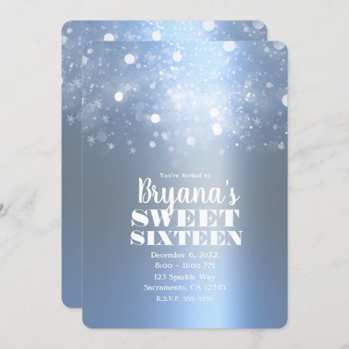 Winter Icy Blue Silver Sparkling Lights Sweet 16 Invitation