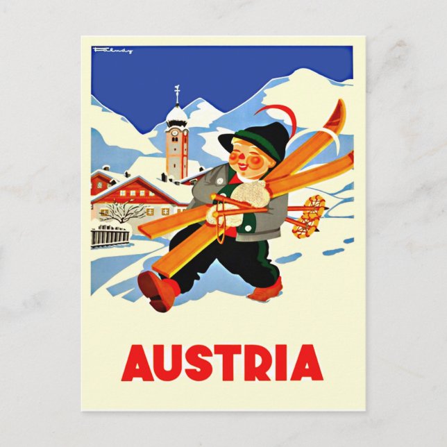 Winter in Austria. Happy man is going to ski Postcard (Front)