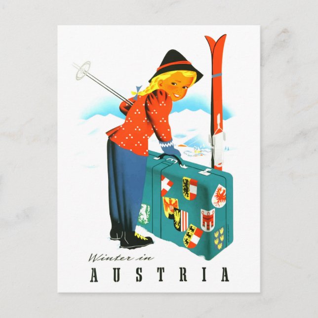 Winter in Austria, ski girl with big suitcase Postcard (Front)