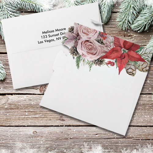 Winter in bloom red pink poinsettia blush floral envelope