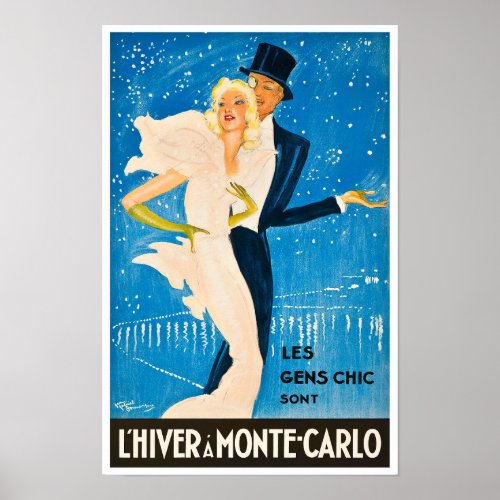 Winter in Monte Carlo Monaco France vintage travel Poster