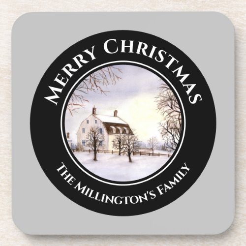 Winter in New England Christmas Black Gray Circle Beverage Coaster