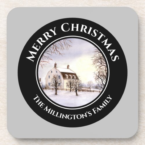 Winter in New England Christmas Black Gray Circle Beverage Coaster