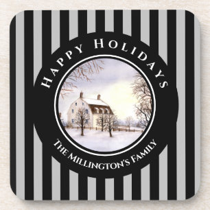 Winter in New England Christmas Black Gray Circle Beverage Coaster