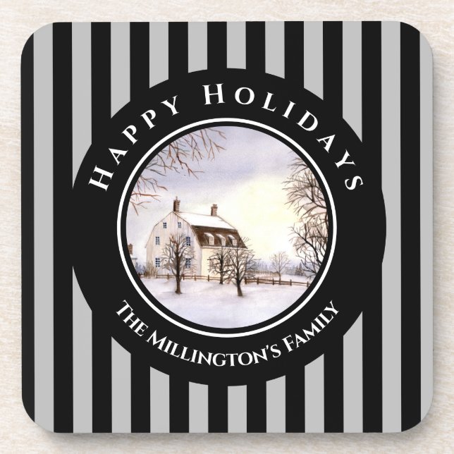 Winter in New England Christmas Black Gray Circle Beverage Coaster (Front)