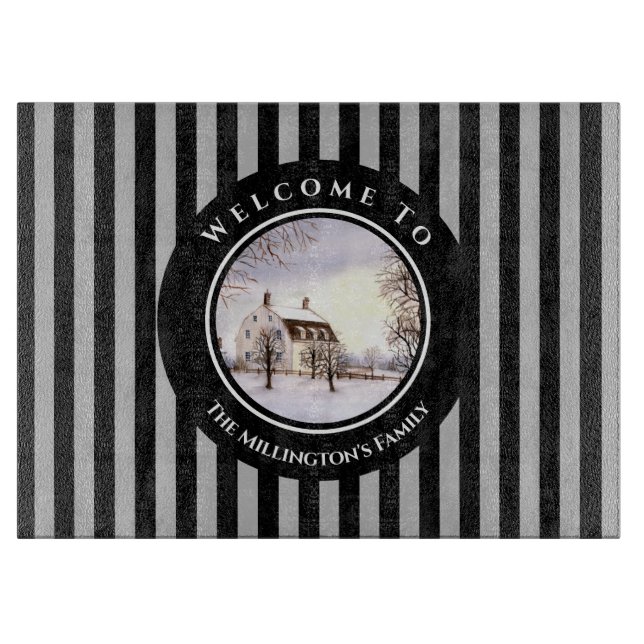Winter in New England Christmas Black Gray Circle Cutting Board (Front)
