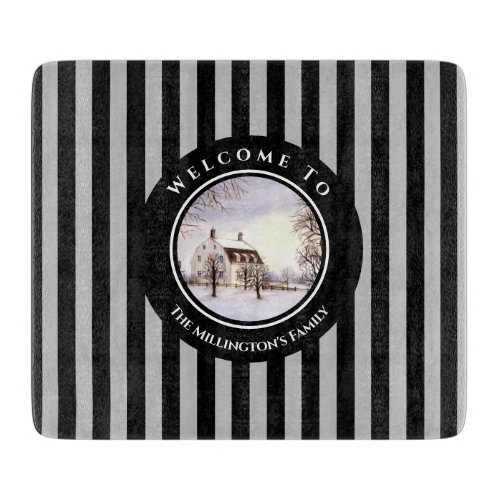 Winter in New England Christmas Black Gray Circle Cutting Board