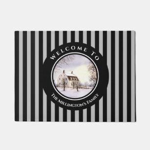 Winter in New England Christmas Black Gray Circle Doormat