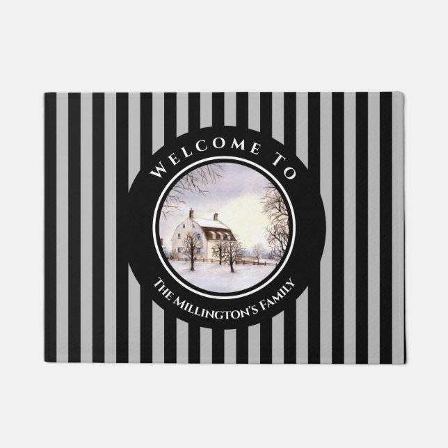 Winter in New England Christmas Black Gray Circle Doormat (Front)