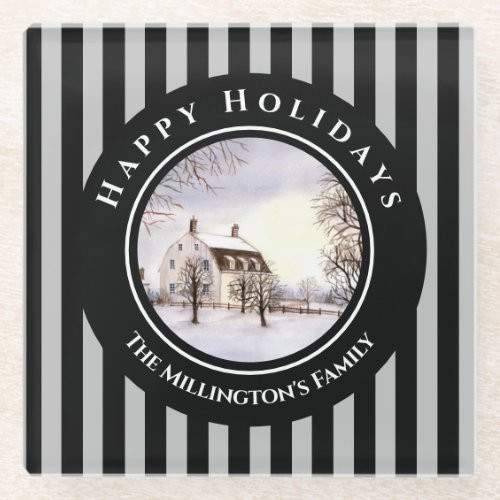 Winter in New England Christmas Black Gray Circle Glass Coaster