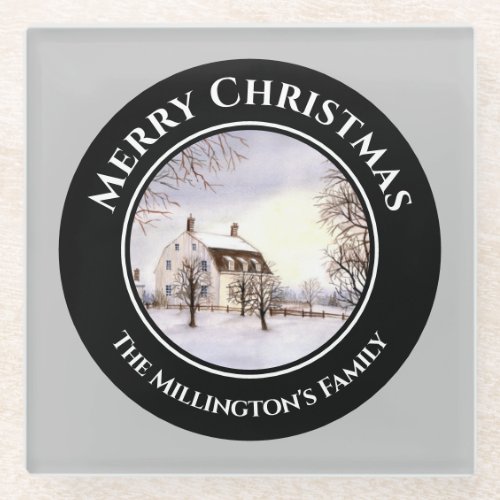 Winter in New England Christmas Black Gray Circle Glass Coaster
