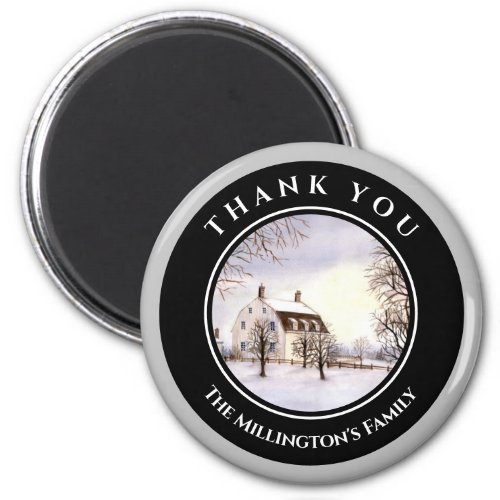 Winter in New England Christmas Black Gray Circle Magnet