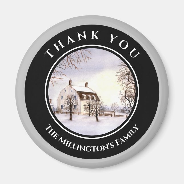 Winter in New England Christmas Black Gray Circle Magnet (Front)