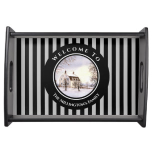 Winter in New England Christmas Black Gray Circle Serving Tray