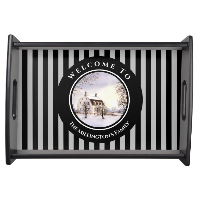 Winter in New England Christmas Black Gray Circle Serving Tray (Front)