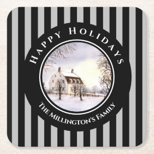 Winter in New England Christmas Black Gray Circle Square Paper Coaster