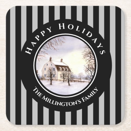 Winter in New England Christmas Black Gray Circle Square Paper Coaster