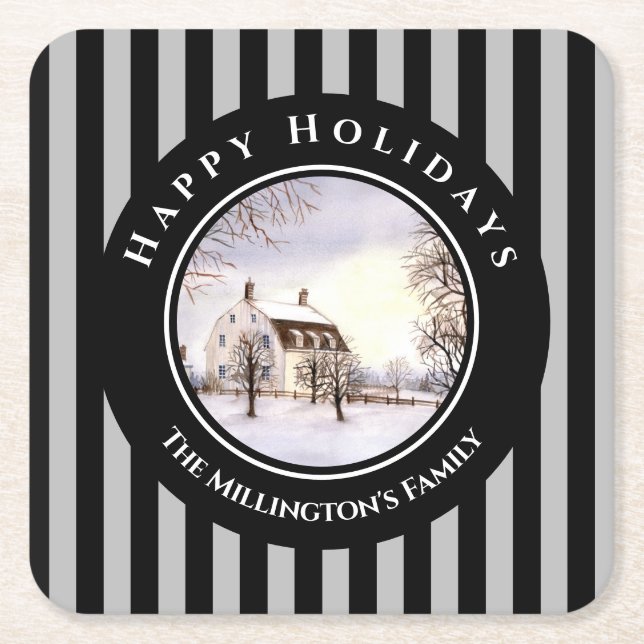 Winter in New England Christmas Black Gray Circle Square Paper Coaster (Front)