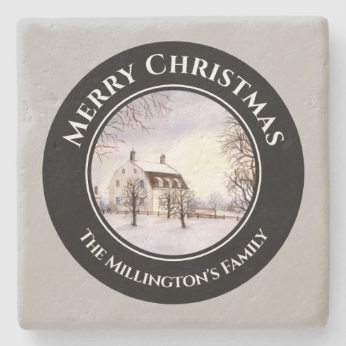 Winter in New England Christmas Black Gray Circle Stone Coaster