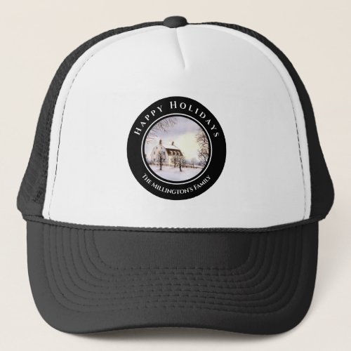 Winter in New England Christmas Black Gray Circle Trucker Hat