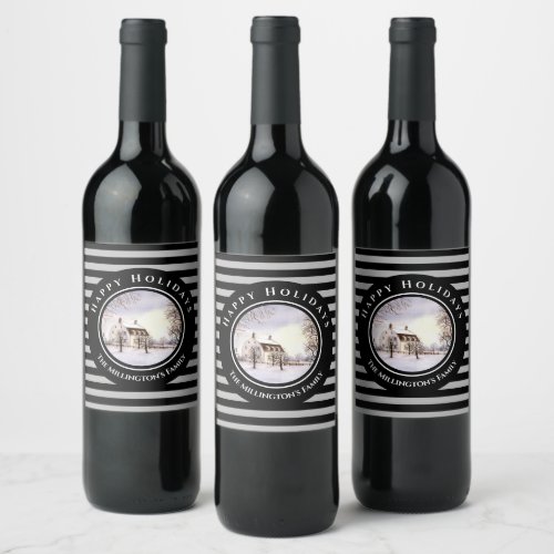 Winter in New England Christmas Black Gray Circle Wine Label