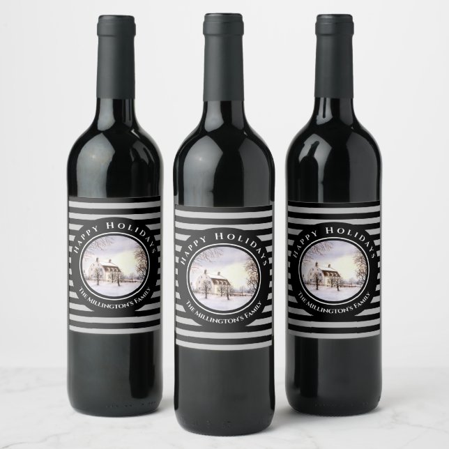 Winter in New England Christmas Black Gray Circle Wine Label (Bottles)