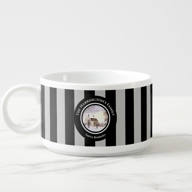 Winter in New England Christmas Black Gray Stripes Bowl (Right)
