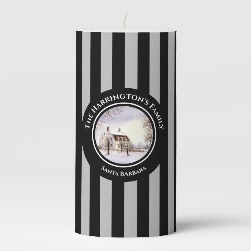 Winter in New England Christmas Black Gray Stripes Pillar Candle
