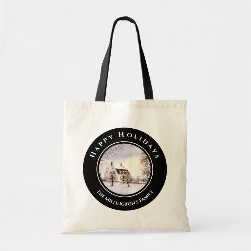 Winter in New England Happy Holidays Black Circle Tote Bag