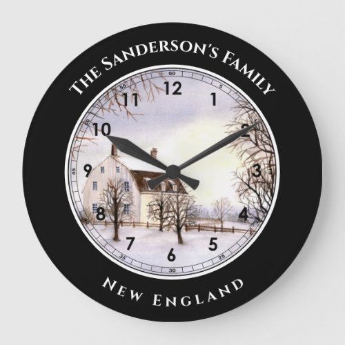 Winter in New England Landscape Watercolor Large Clock