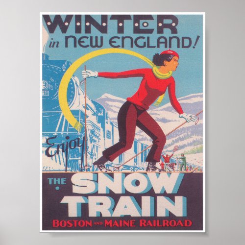 Winter in New England Snow Train Vintage Ski Poster