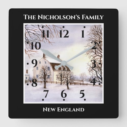 Winter in New England Watercolor Painting Black Square Wall Clock