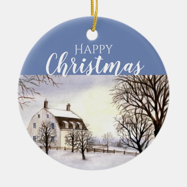 Winter in New England Watercolor Painting Ceramic Ornament (Front)