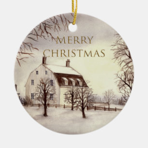 Winter in New England Watercolor Painting Ceramic Ornament