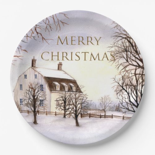 Winter in New England Watercolor Painting Paper Plates