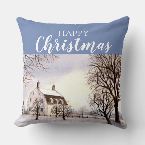 Winter in New England Watercolor Painting Throw Pillow